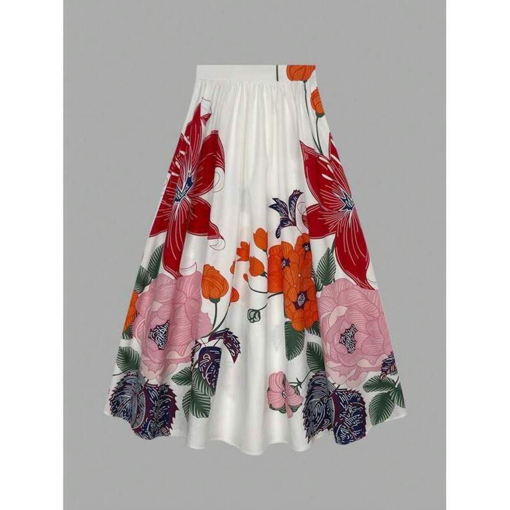 Spring And Summer New Artistic Floral Print Skirt, Light Purple Satin High-Waist - Picture 2 of 4